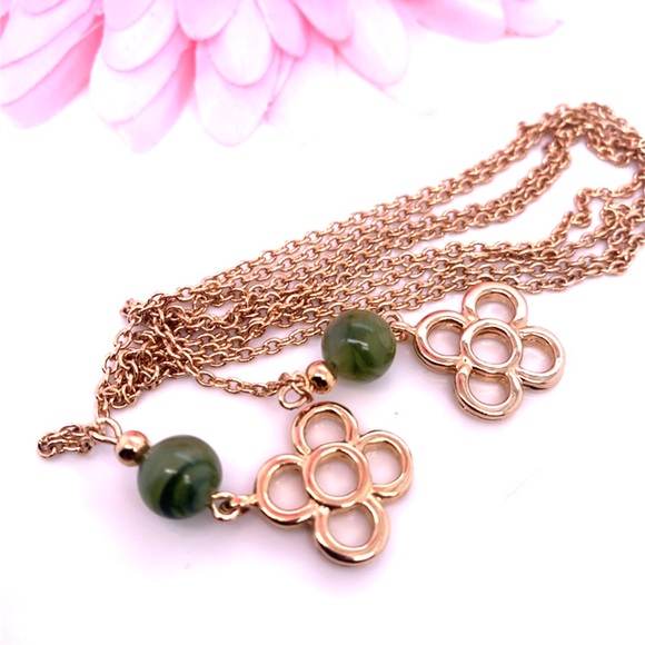 Gold and Green Floral Lariat Necklace 33” - Picture 2 of 7